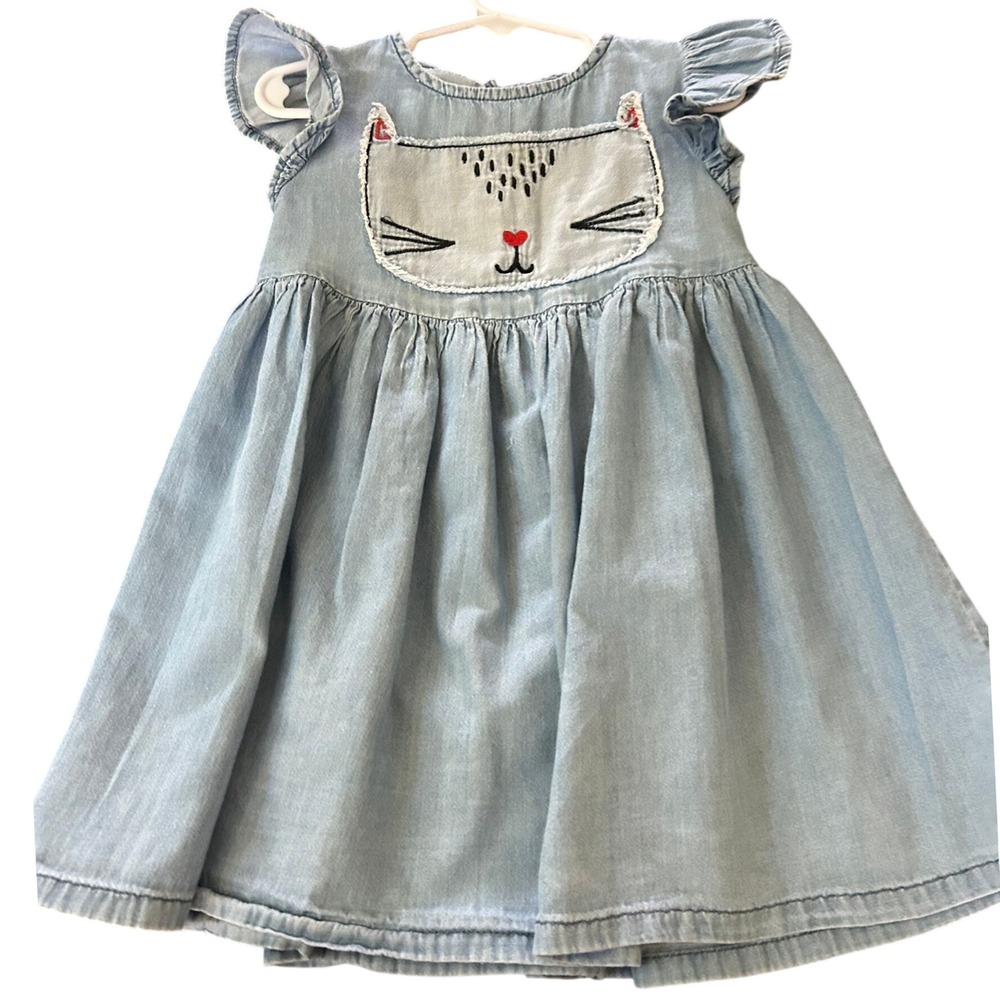 Tucker + Tate Girls Blue Chambray Embroidered Cat Face Flutter Sleeve Dress 3